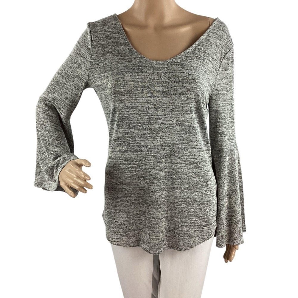 LOFT Gray Marled Bell Sleeve Tie Back Top S